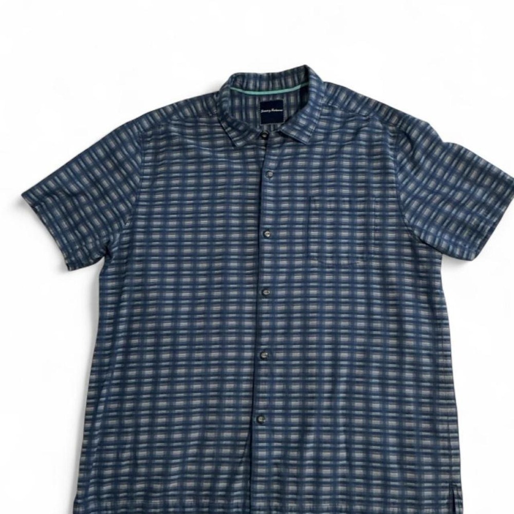 Tommy Bahama Button Down Shirt Mens XXL Blue Plaid Silk Blend Short Slv
